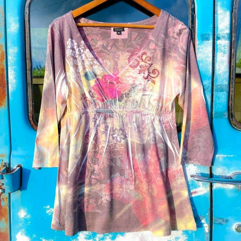 Y2K Yukiko purple baroque scroll floral long sleeve cotton top size medium